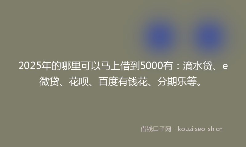 2025年的哪里可以马上借到5000有：滴水贷、e微贷、花呗、百度有钱花、分期乐等。