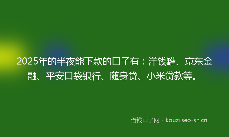 2025年的半夜能下款的口子有：洋钱罐、京东金融、平安口袋银行、随身贷、小米贷款等。