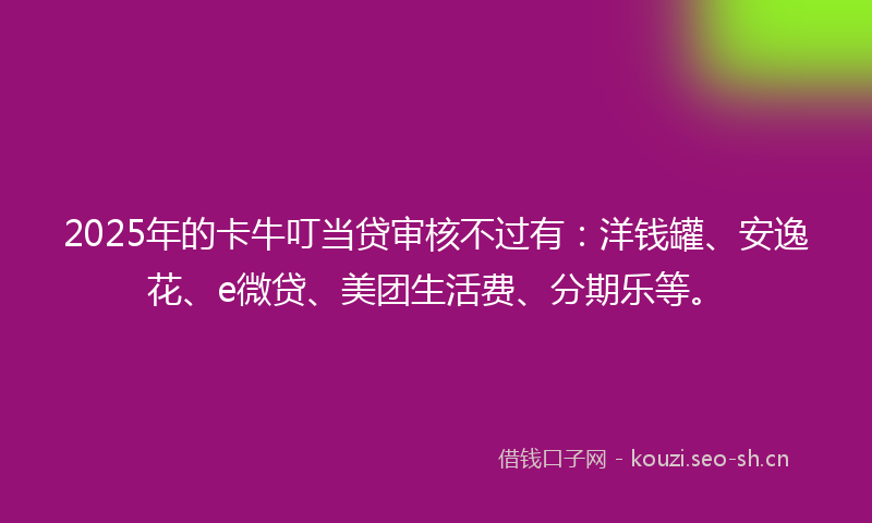 2025年的卡牛叮当贷审核不过有：洋钱罐、安逸花、e微贷、美团生活费、分期乐等。