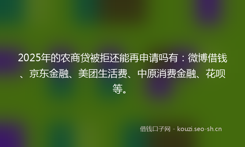 2025年的农商贷被拒还能再申请吗有：微博借钱、京东金融、美团生活费、中原消费金融、花呗等。