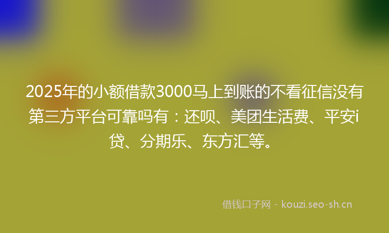 2025年的小额借款3000马上到账的不看征信没有第三方平台可靠吗有：还呗、美团生活费、平安i贷、分期乐、东方汇等。