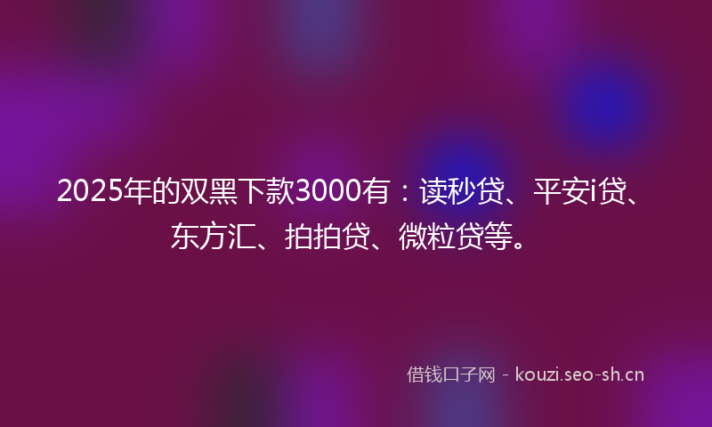 2025年的双黑下款3000有：读秒贷、平安i贷、东方汇、拍拍贷、微粒贷等。