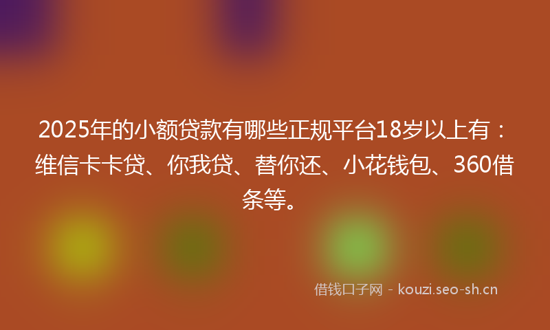 2025年的小额贷款有哪些正规平台18岁以上有：维信卡卡贷、你我贷、替你还、小花钱包、360借条等。