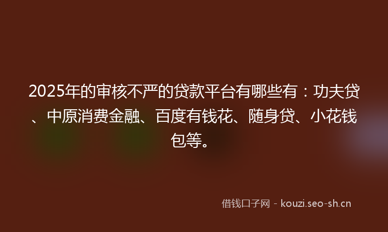 2025年的审核不严的贷款平台有哪些有：功夫贷、中原消费金融、百度有钱花、随身贷、小花钱包等。