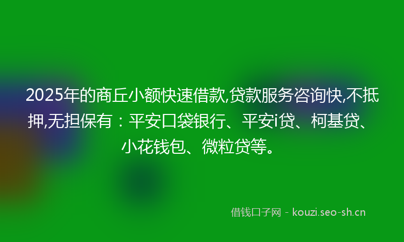 2025年的商丘小额快速借款,贷款服务咨询快,不抵押,无担保有：平安口袋银行、平安i贷、柯基贷、小花钱包、微粒贷等。