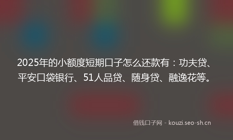 2025年的小额度短期口子怎么还款有:功夫贷、平安口袋银行、51人品贷、随身贷、融逸花等。