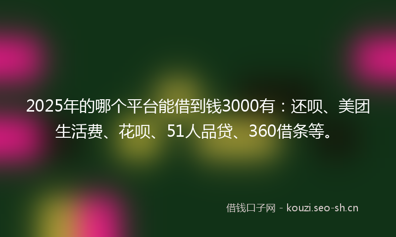 2025年的哪个平台能借到钱3000有：还呗、美团生活费、花呗、51人品贷、360借条等。