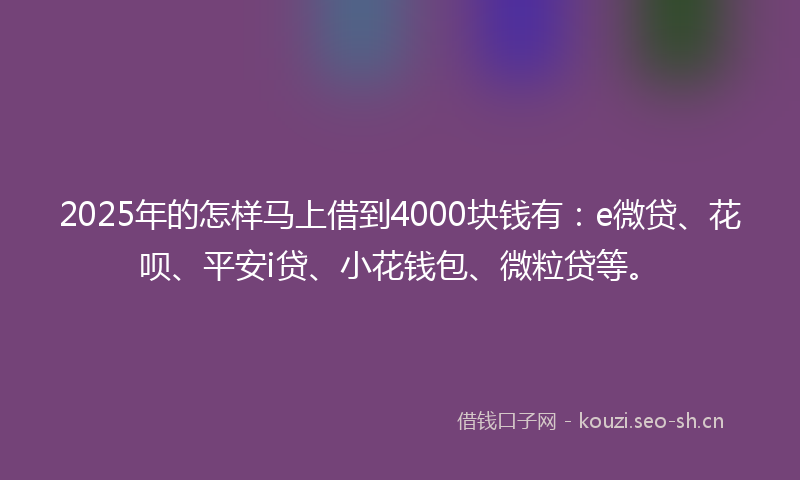2025年的怎样马上借到4000块钱有：e微贷、花呗、平安i贷、小花钱包、微粒贷等。