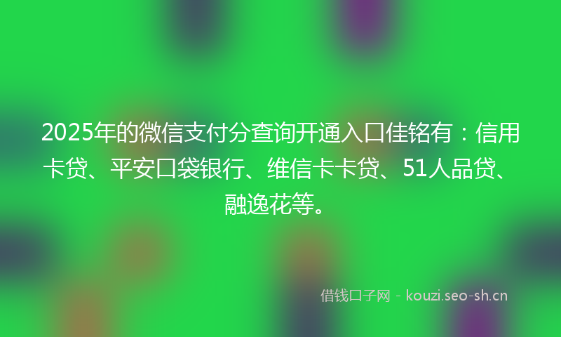2025年的微信支付分查询开通入口佳铭有：信用卡贷、平安口袋银行、维信卡卡贷、51人品贷、融逸花等。