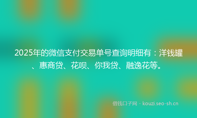 2025年的微信支付交易单号查询明细有：洋钱罐、惠商贷、花呗、你我贷、融逸花等。