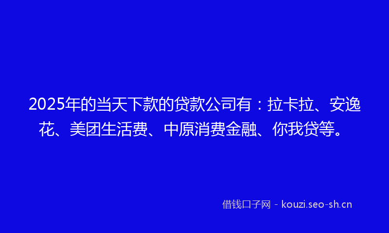 2025年的当天下款的贷款公司有：拉卡拉、安逸花、美团生活费、中原消费金融、你我贷等。