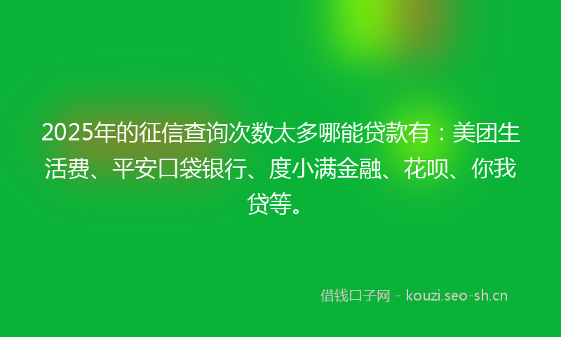 2025年的征信查询次数太多哪能贷款有：美团生活费、平安口袋银行、度小满金融、花呗、你我贷等。