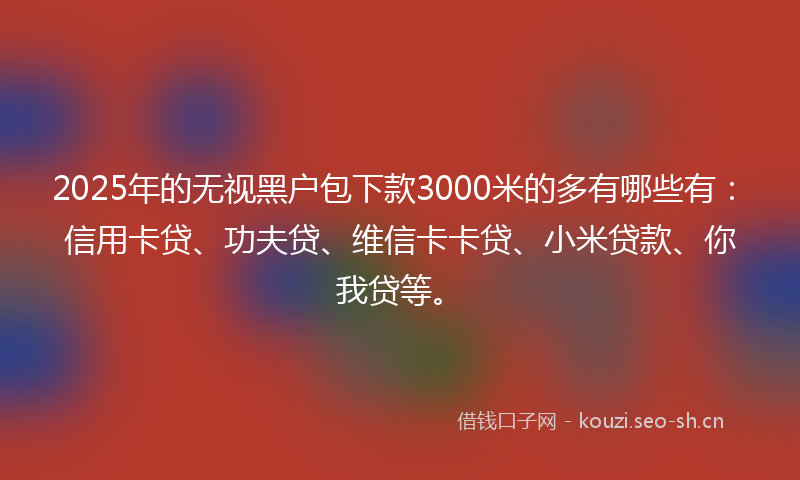 2025年的无视黑户包下款3000米的多有哪些有：信用卡贷、功夫贷、维信卡卡贷、小米贷款、你我贷等。