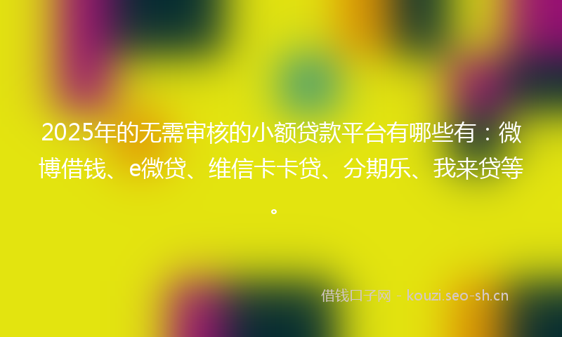 2025年的无需审核的小额贷款平台有哪些有：微博借钱、e微贷、维信卡卡贷、分期乐、我来贷等。