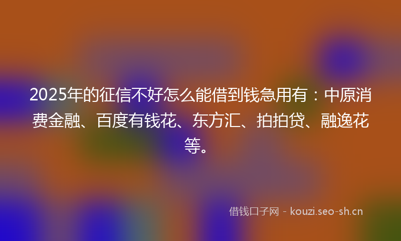 2025年的征信不好怎么能借到钱急用有：中原消费金融、百度有钱花、东方汇、拍拍贷、融逸花等。