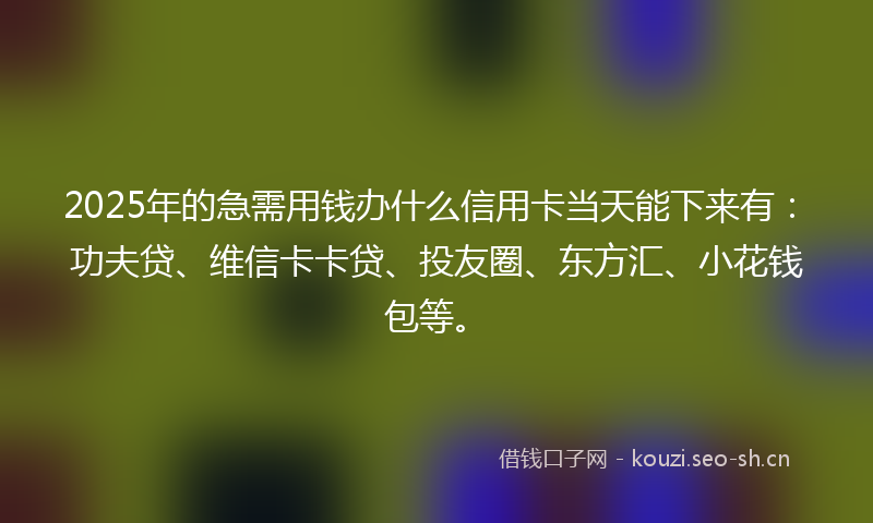 2025年的急需用钱办什么信用卡当天能下来有：功夫贷、维信卡卡贷、投友圈、东方汇、小花钱包等。