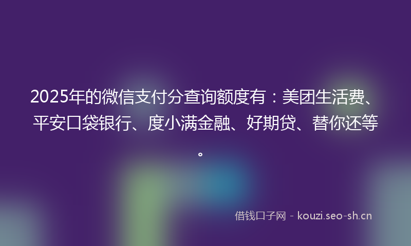 2025年的微信支付分查询额度有：美团生活费、平安口袋银行、度小满金融、好期贷、替你还等。