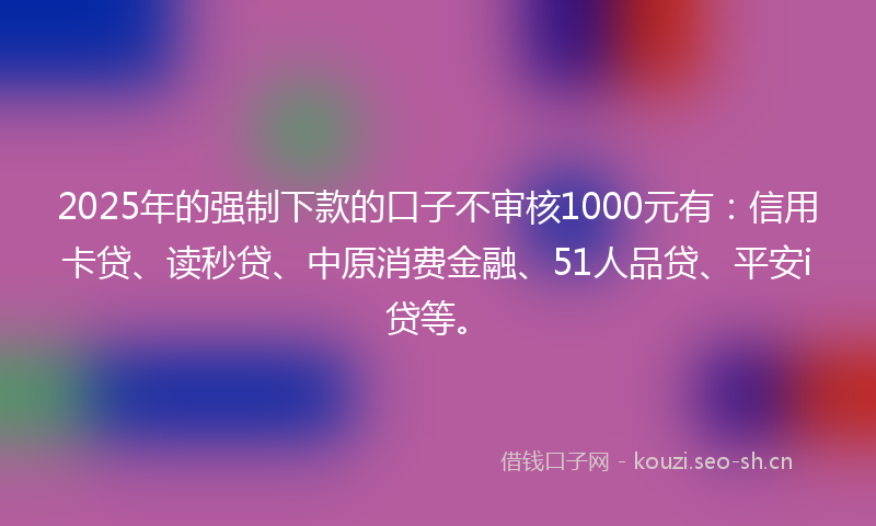 2025年的强制下款的口子不审核1000元有：信用卡贷、读秒贷、中原消费金融、51人品贷、平安i贷等。