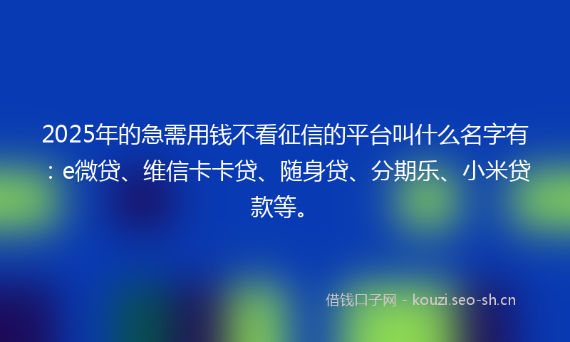 2025年的急需用钱不看征信的平台叫什么名字有：e微贷、维信卡卡贷、随身贷、分期乐、小米贷款等。