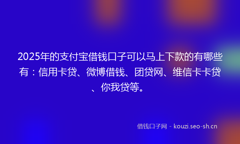 2025年的支付宝借钱口子可以马上下款的有哪些有:信用卡贷、微博借钱、团贷网、维信卡卡贷、你我贷等。