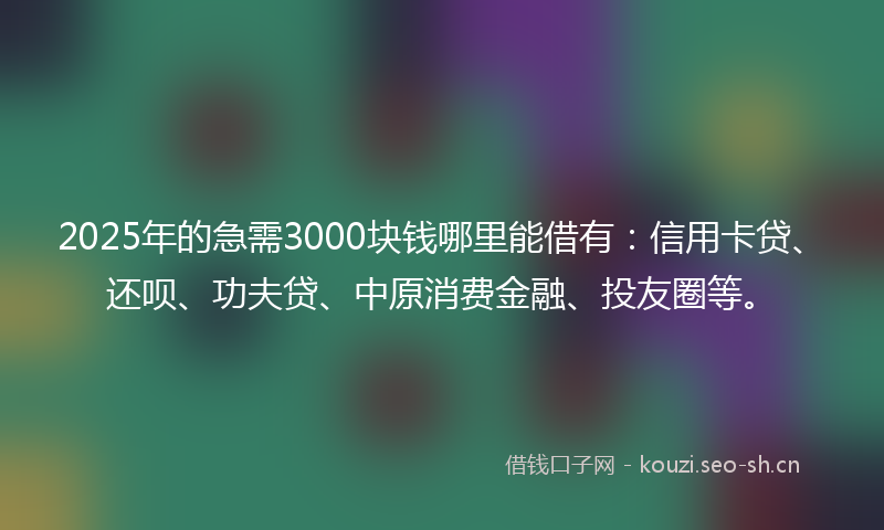 2025年的急需3000块钱哪里能借有：信用卡贷、还呗、功夫贷、中原消费金融、投友圈等。