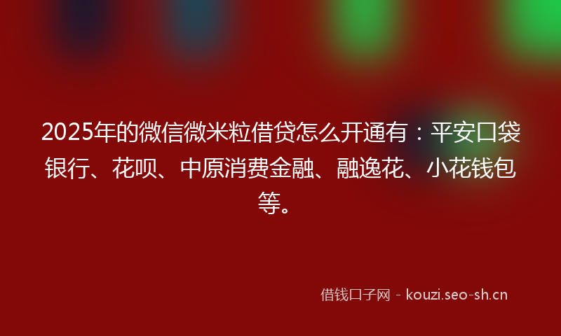 2025年的微信微米粒借贷怎么开通有：平安口袋银行、花呗、中原消费金融、融逸花、小花钱包等。