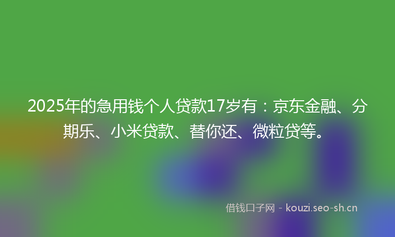 2025年的急用钱个人贷款17岁有:京东金融、分期乐、小米贷款、替你还、微粒贷等。