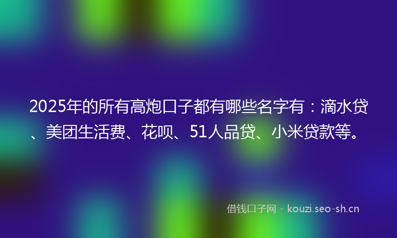 2025年的所有高炮口子都有哪些名字有：滴水贷、美团生活费、花呗、51人品贷、小米贷款等。