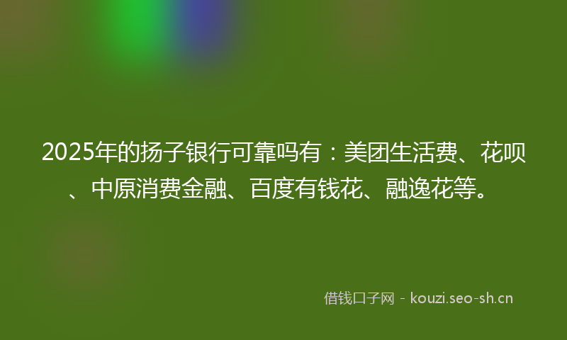2025年的扬子银行可靠吗有：美团生活费、花呗、中原消费金融、百度有钱花、融逸花等。