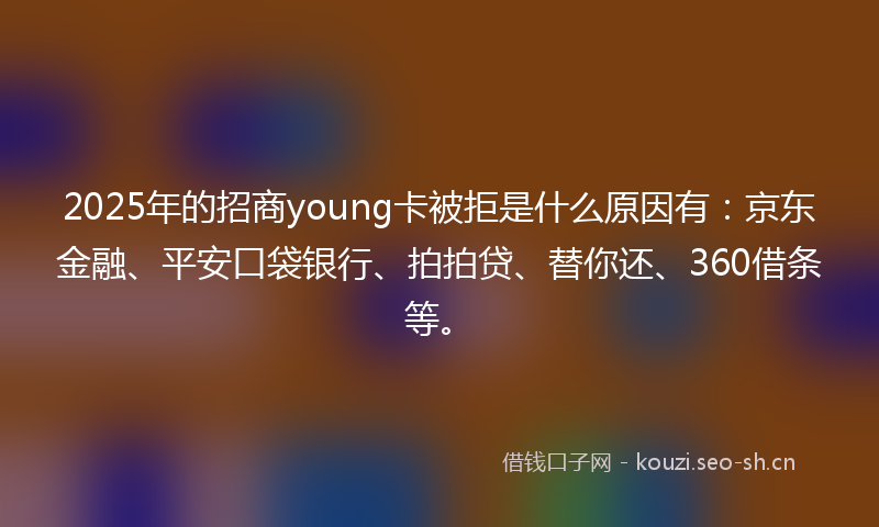 2025年的招商young卡被拒是什么原因有：京东金融、平安口袋银行、拍拍贷、替你还、360借条等。