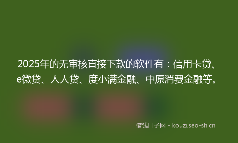 2025年的无审核直接下款的软件有：信用卡贷、e微贷、人人贷、度小满金融、中原消费金融等。