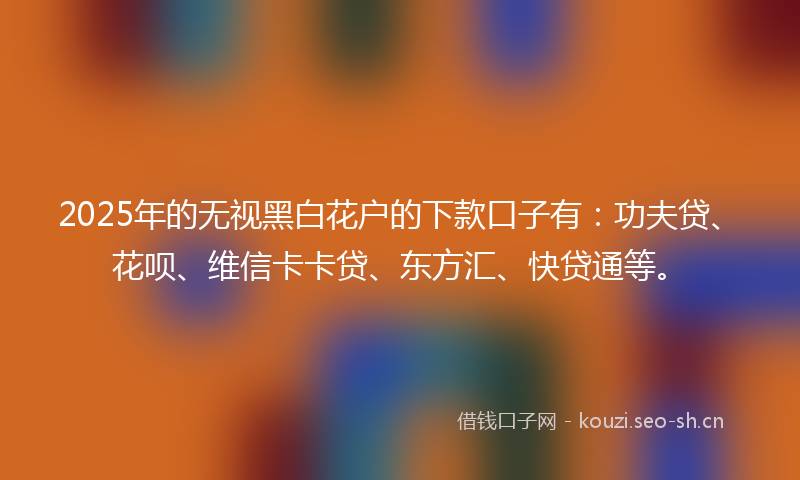 2025年的无视黑白花户的下款口子有：功夫贷、花呗、维信卡卡贷、东方汇、快贷通等。