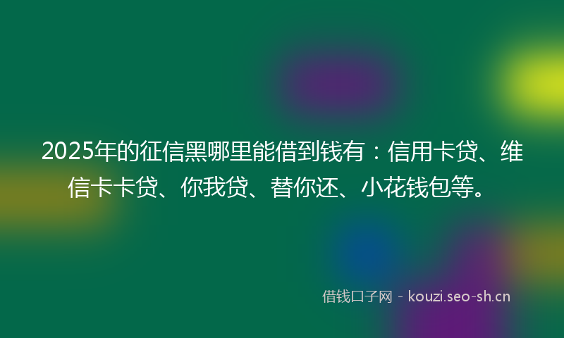 2025年的征信黑哪里能借到钱有：信用卡贷、维信卡卡贷、你我贷、替你还、小花钱包等。