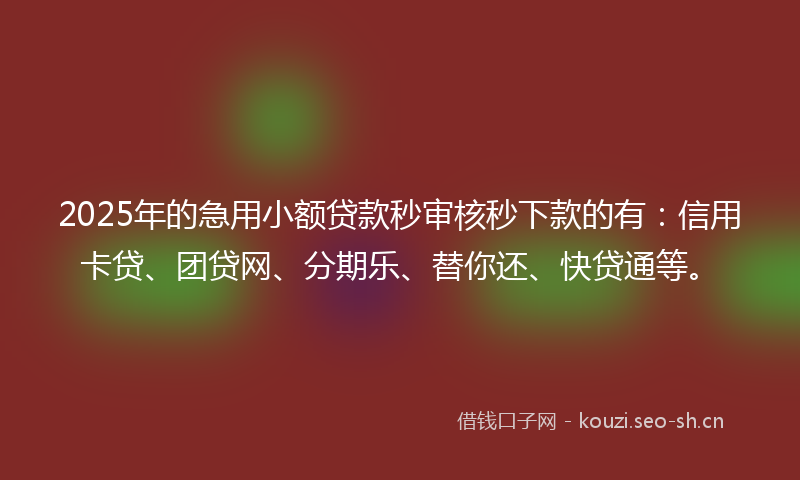 2025年的急用小额贷款秒审核秒下款的有：信用卡贷、团贷网、分期乐、替你还、快贷通等。