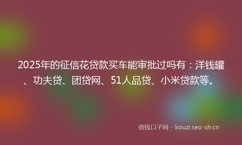 2025年的征信花贷款买车能审批过吗有：洋钱罐、功夫贷、团贷网、51人品贷、小米贷款等。