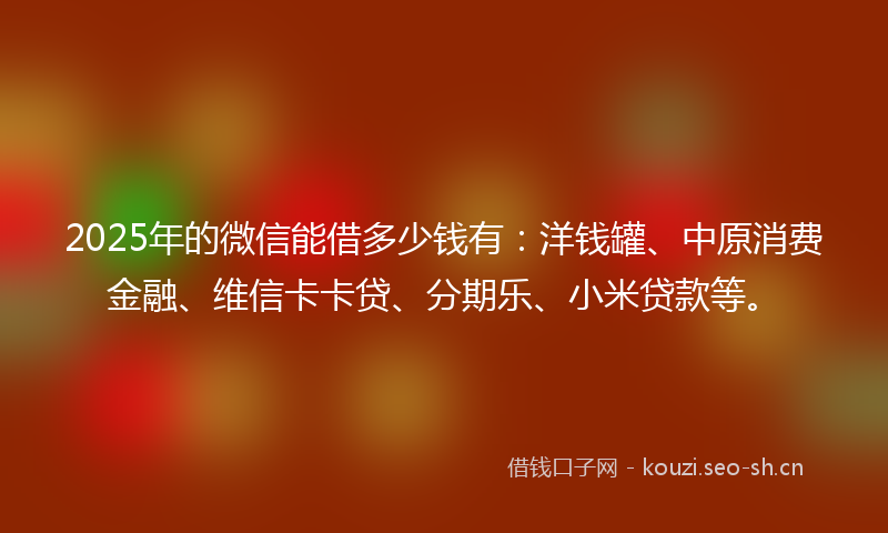 2025年的微信能借多少钱有：洋钱罐、中原消费金融、维信卡卡贷、分期乐、小米贷款等。