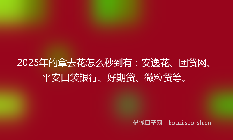 2025年的拿去花怎么秒到有：安逸花、团贷网、平安口袋银行、好期贷、微粒贷等。