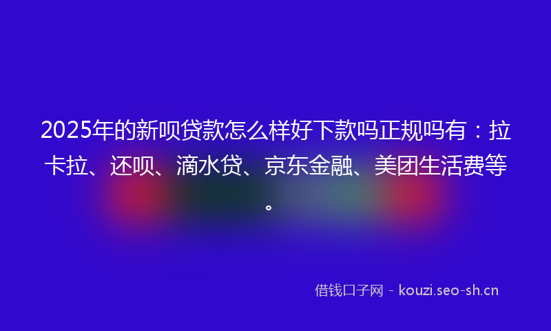2025年的新呗贷款怎么样好下款吗正规吗有：拉卡拉、还呗、滴水贷、京东金融、美团生活费等。