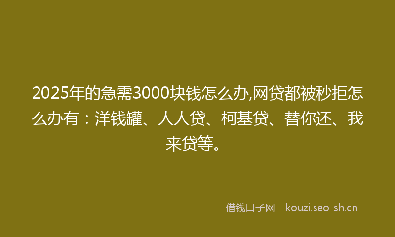 2025年的急需3000块钱怎么办,网贷都被秒拒怎么办有：洋钱罐、人人贷、柯基贷、替你还、我来贷等。