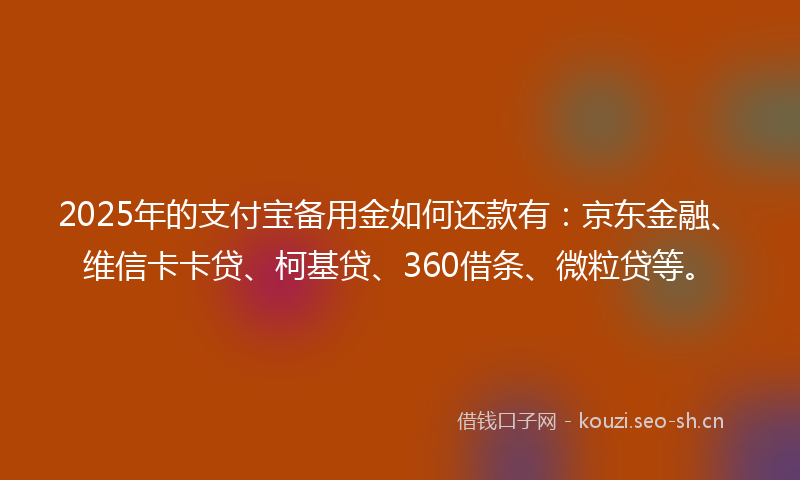 2025年的支付宝备用金如何还款有：京东金融、维信卡卡贷、柯基贷、360借条、微粒贷等。