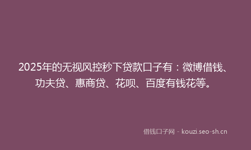 2025年的无视风控秒下贷款口子有：微博借钱、功夫贷、惠商贷、花呗、百度有钱花等。
