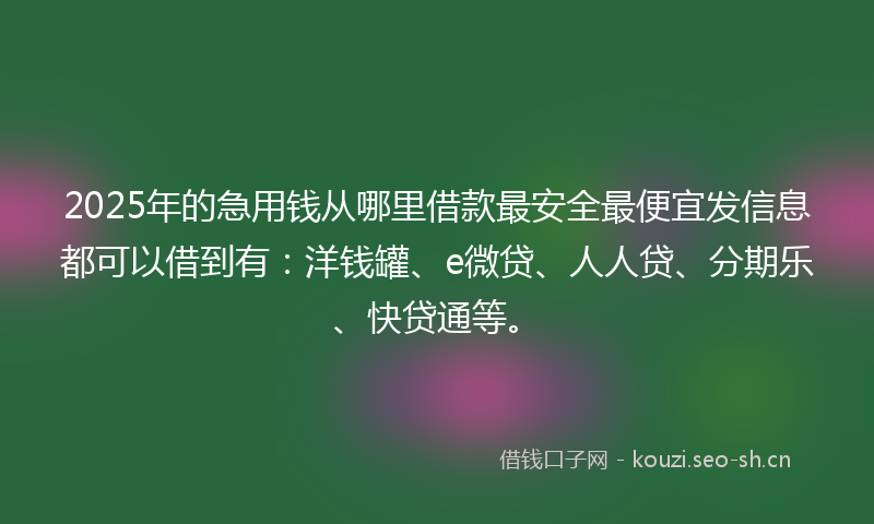 2025年的急用钱从哪里借款最安全最便宜发信息都可以借到有：洋钱罐、e微贷、人人贷、分期乐、快贷通等。