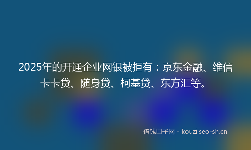 2025年的开通企业网银被拒有：京东金融、维信卡卡贷、随身贷、柯基贷、东方汇等。