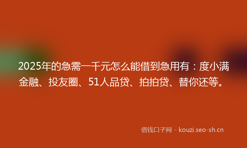 2025年的急需一千元怎么能借到急用有：度小满金融、投友圈、51人品贷、拍拍贷、替你还等。