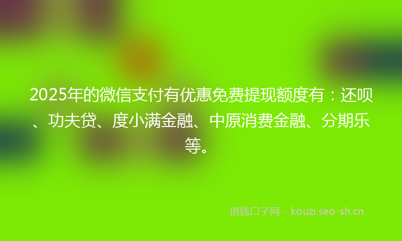 2025年的微信支付有优惠免费提现额度有：还呗、功夫贷、度小满金融、中原消费金融、分期乐等。