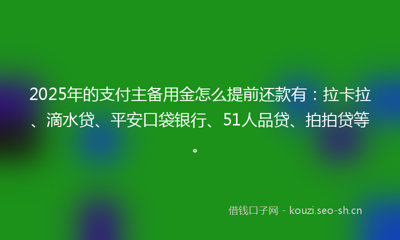 2025年的支付主备用金怎么提前还款有：拉卡拉、滴水贷、平安口袋银行、51人品贷、拍拍贷等。