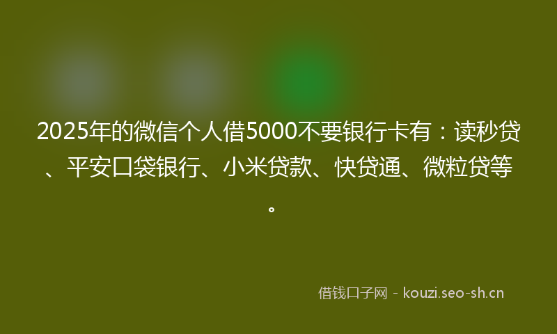 2025年的微信个人借5000不要银行卡有：读秒贷、平安口袋银行、小米贷款、快贷通、微粒贷等。