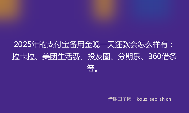 2025年的支付宝备用金晚一天还款会怎么样有：拉卡拉、美团生活费、投友圈、分期乐、360借条等。