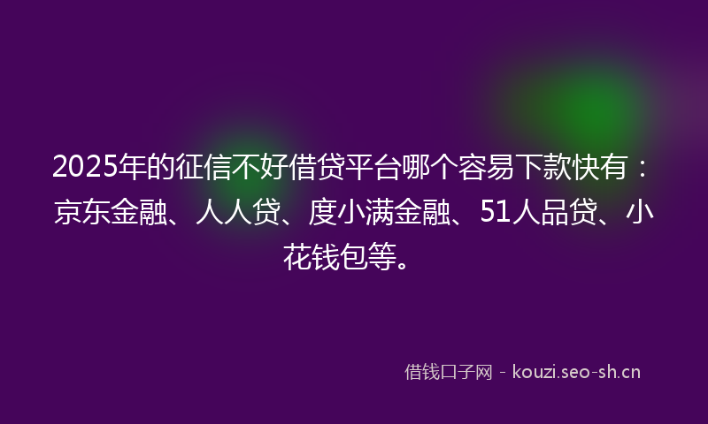 2025年的征信不好借贷平台哪个容易下款快有：京东金融、人人贷、度小满金融、51人品贷、小花钱包等。