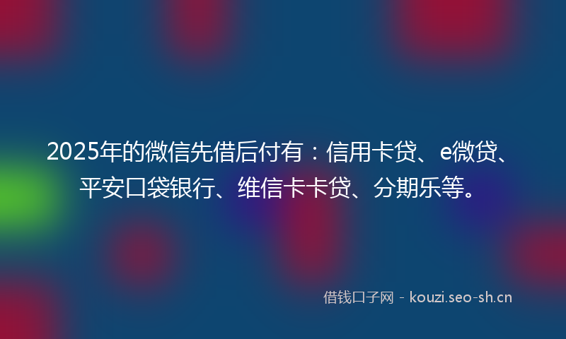 2025年的微信先借后付有：信用卡贷、e微贷、平安口袋银行、维信卡卡贷、分期乐等。
